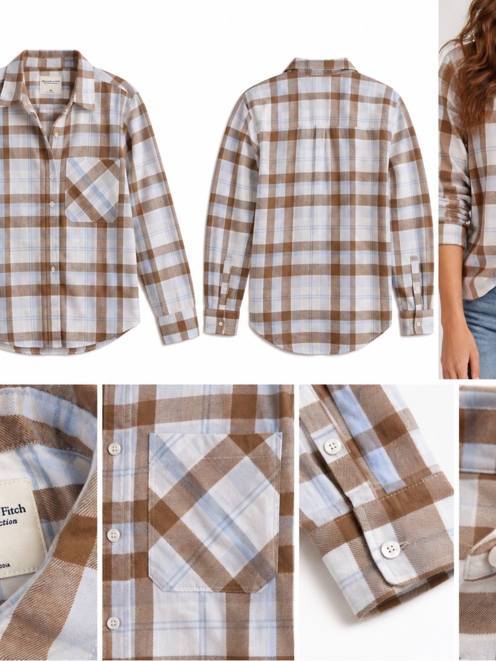 Abercrombie & Fitch White, Brown and Light Blue Plaid Button-Down Flannel Shirt